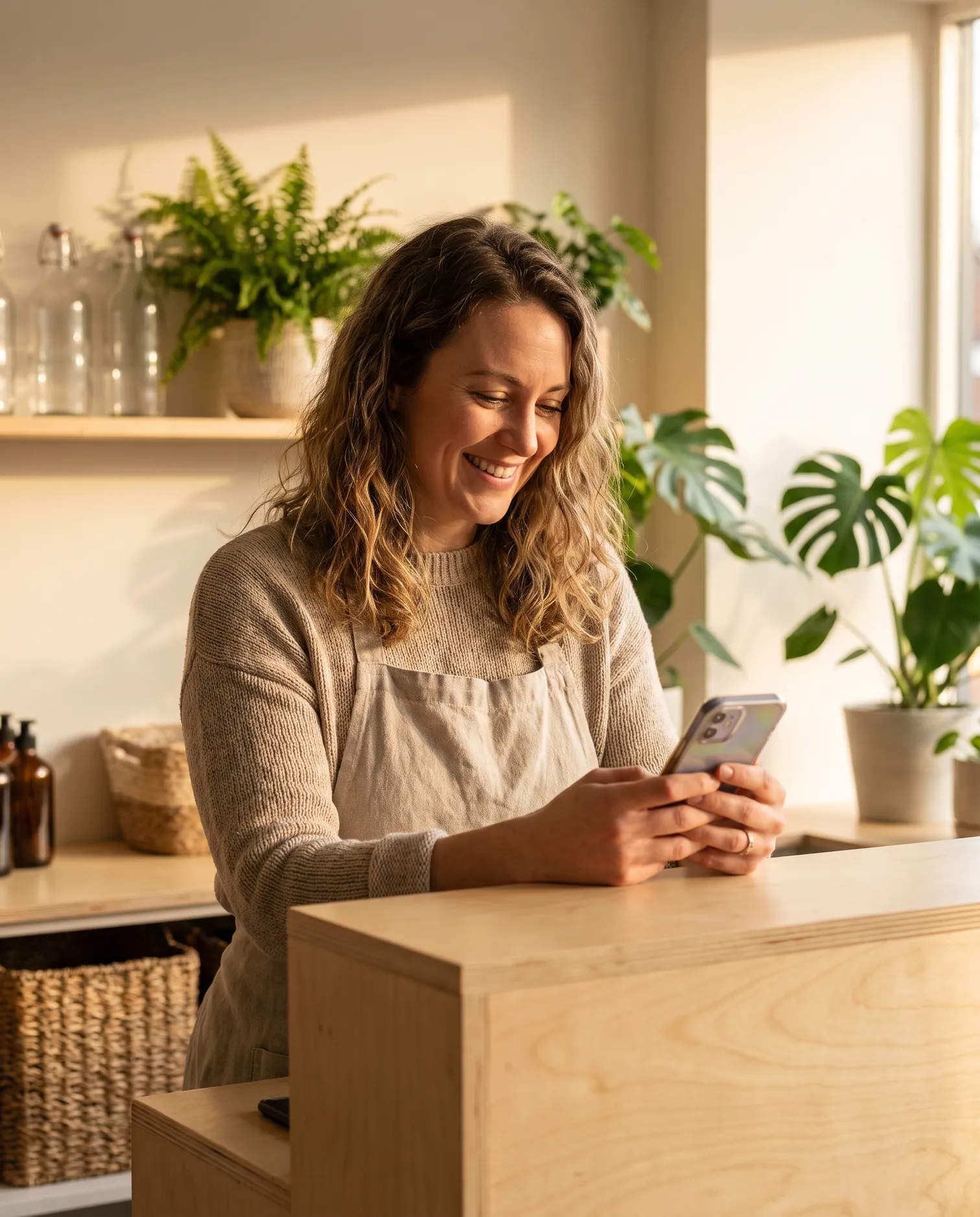 Mujer sonriendo mientras revisa su teléfono, representando la generación de clientes potenciales reales para negocios