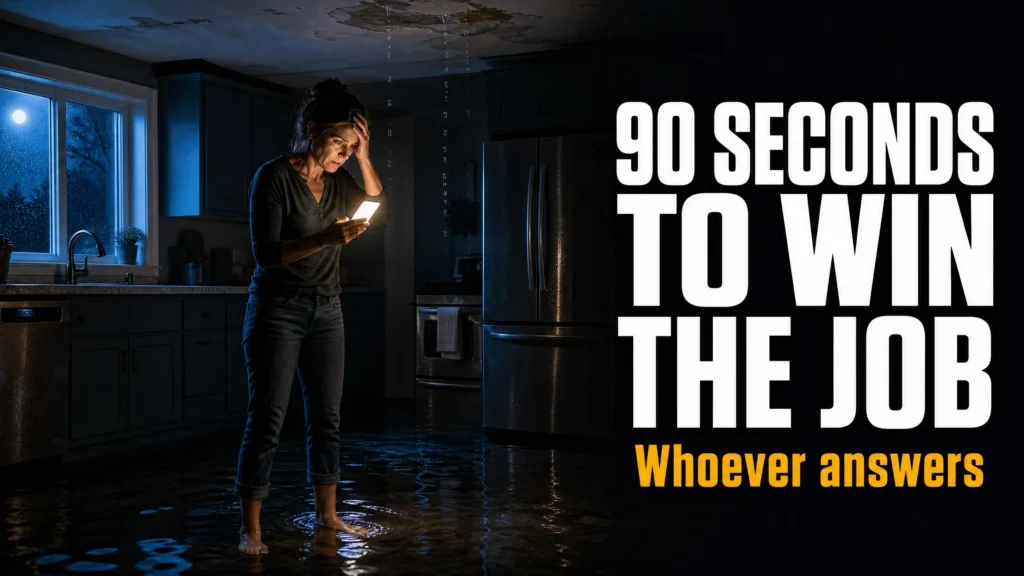 Distressed homeowner standing in a flooded kitchen, looking at her phone, with text overlay reading