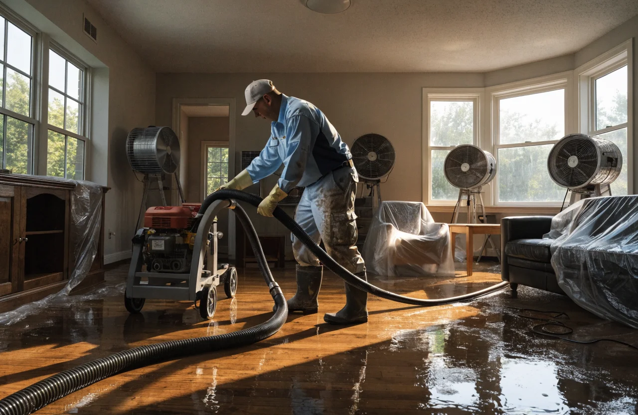 Técnico de restauración usando equipo de extracción de agua en una casa inundada, mostrando la