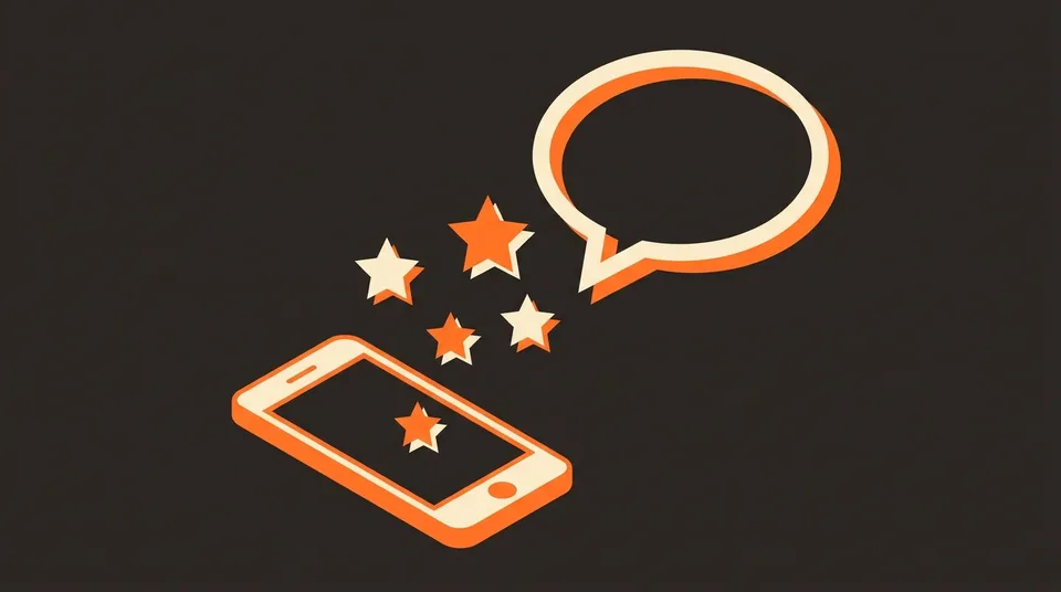 Ilustración de reseñas de cinco estrellas que emergen de un teléfono móvil, representando la generación
