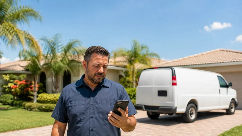 Contractor looking at smartphone in front of a white work van, illustrating the need