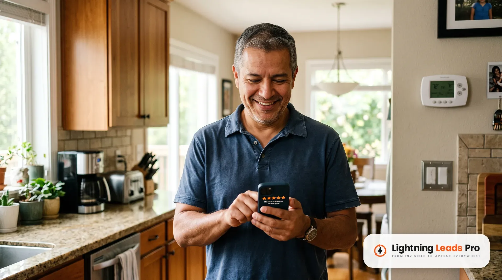 Cliente satisfecho escribiendo una reseña de cinco estrellas en su celular en la cocina de su casa