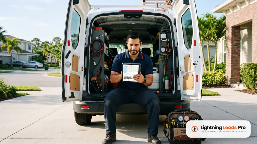 T&eacute;cnico de aire acondicionado revisando el perfil de negocio de su empresa en una tableta, sentado en la parte trasera de la camioneta de servicio