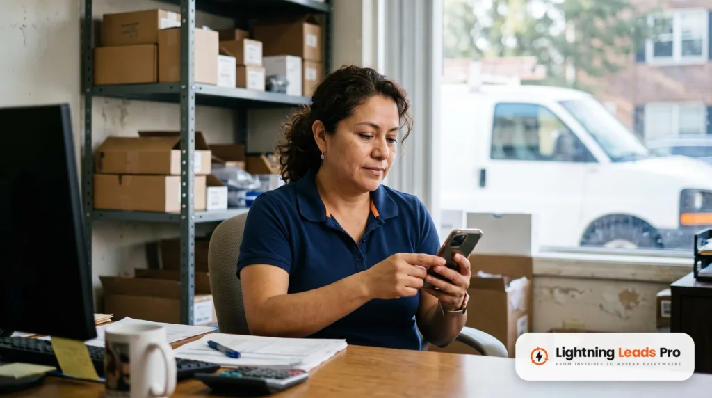 Due&ntilde;a de una empresa de aire acondicionado lee una rese&ntilde;a en su celular dentro de la oficina