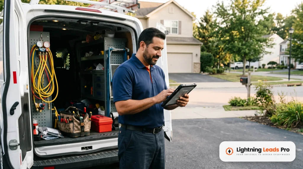 HVAC company owner checking new customer messages on a tablet beside his service van