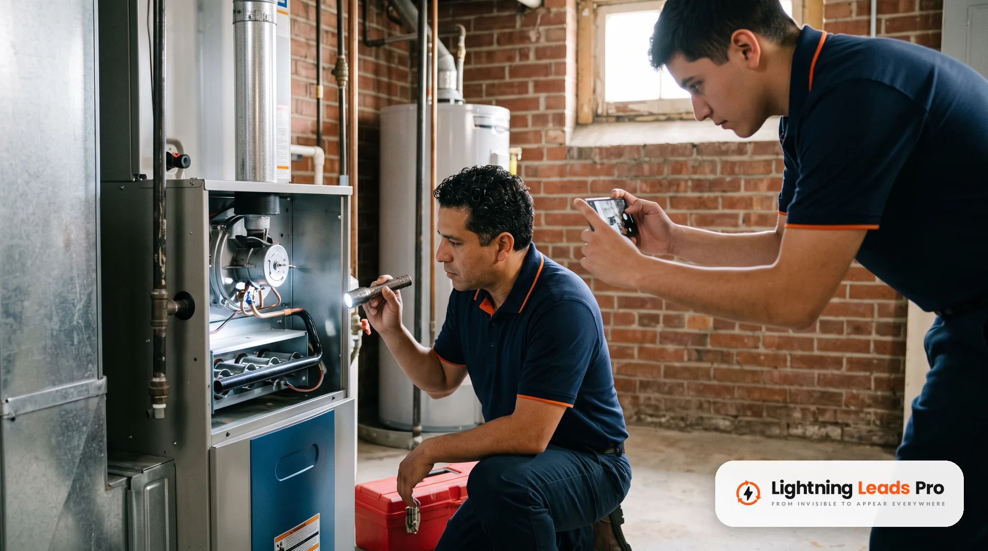 A technician inspects a furnace while a coworker takes a real job photo to use in an ad