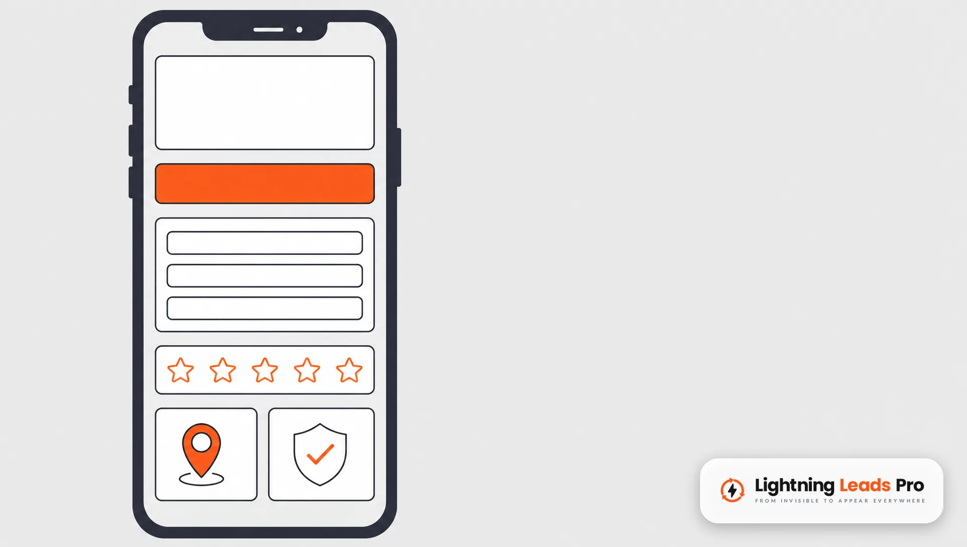 Flat graphic of a phone screen showing a simple landing page with a call button, short form and reviews