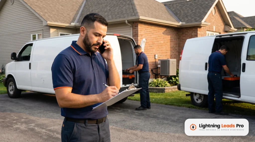 HVAC owner on the phone with a clipboard beside open vans while a technician unloads in a driveway