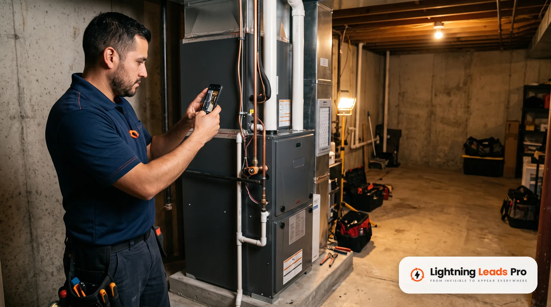 HVAC technician takes a photo of a finished furnace install for the company profile