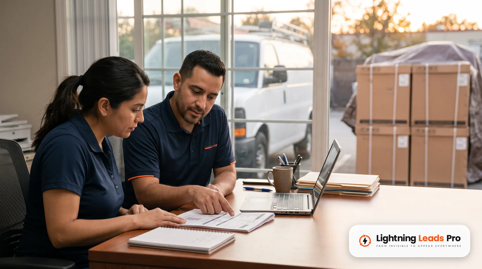 HVAC owner and office manager review job sheets together while planning next year's marketing