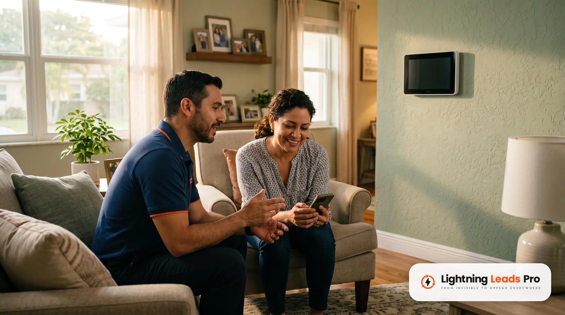 HVAC technician talks with a smiling homeowner next to the thermostat after a repair