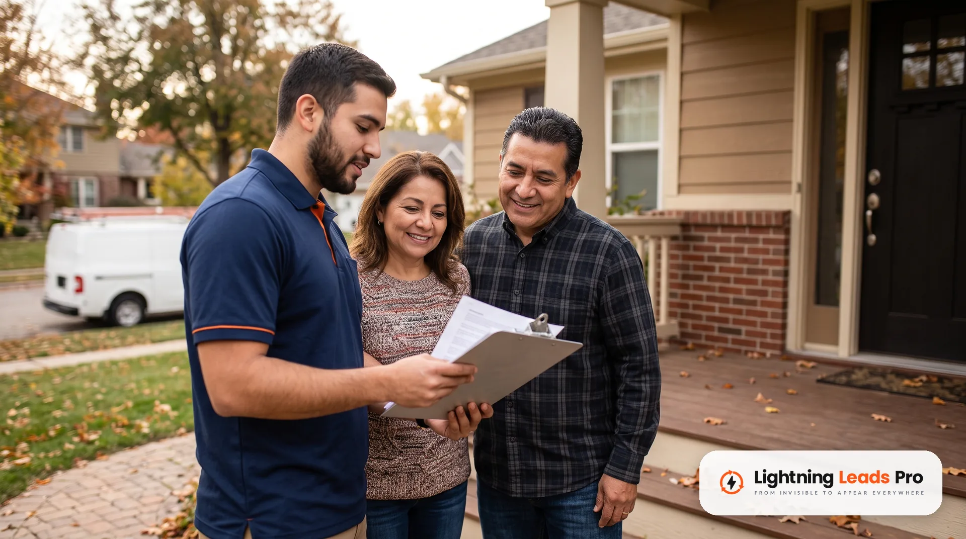 Technician walking a homeowner couple through a maintenance plan at their front door after a tune-up