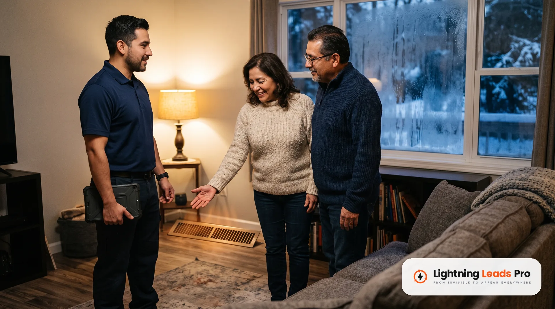 Técnico conversa con una pareja que siente el aire caliente de la calefacción recién reparada en su sala